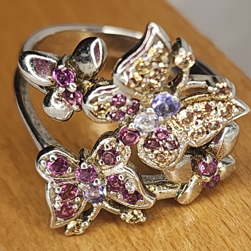 Sterling Silver Butterfly Ring w/Pink & Gold Accents SZ 8 1/4
